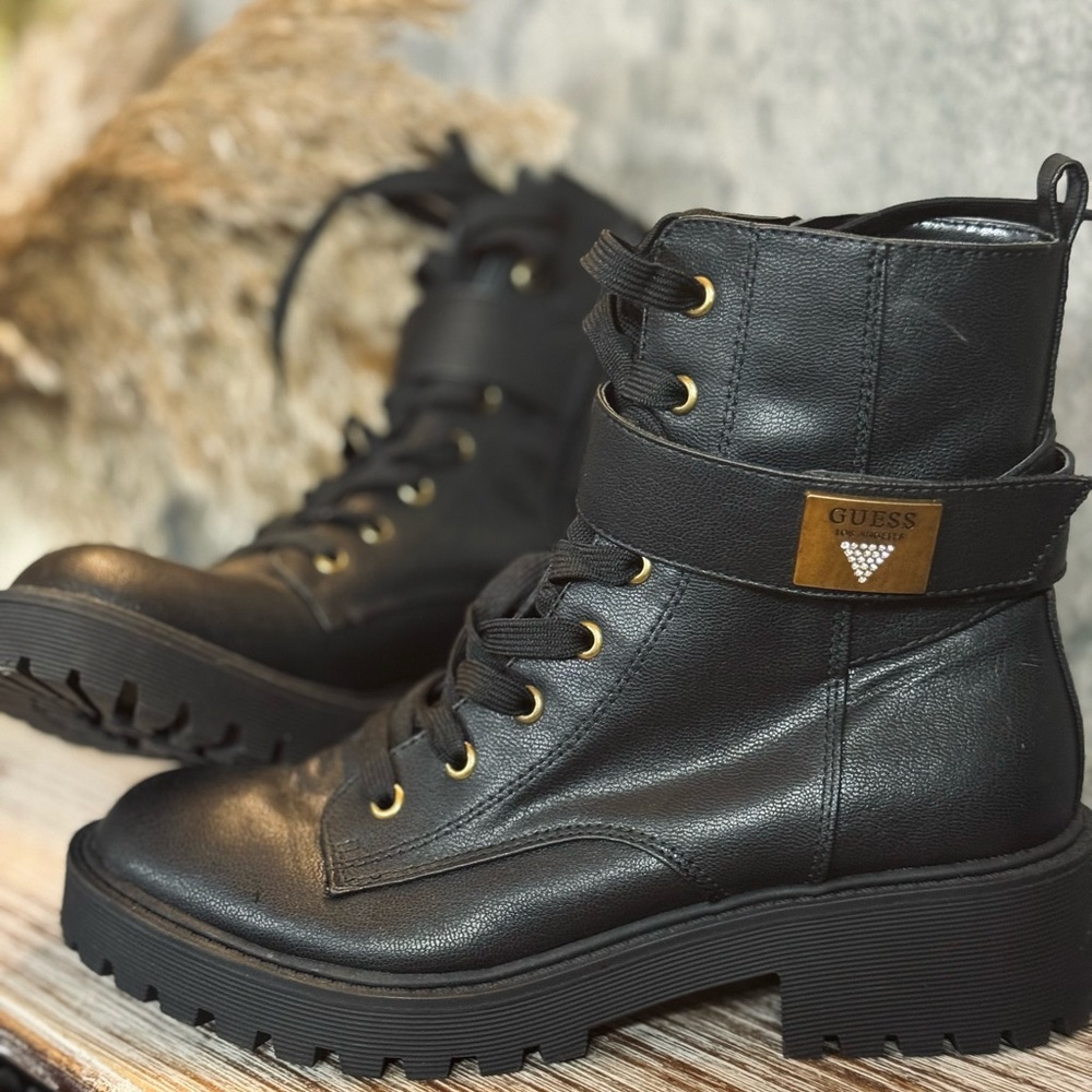 Guess Black Leather Combat Boots